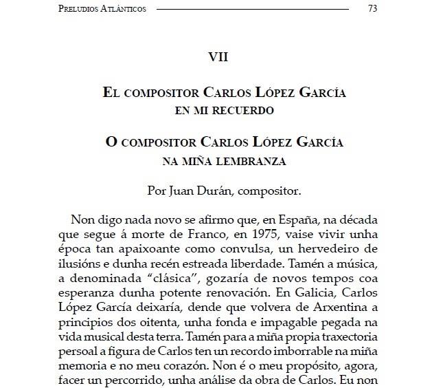 Publicado en "Preludios Atlnticos" un artigo de J. Durn sobre o compositor Carlos Lpez-Garca